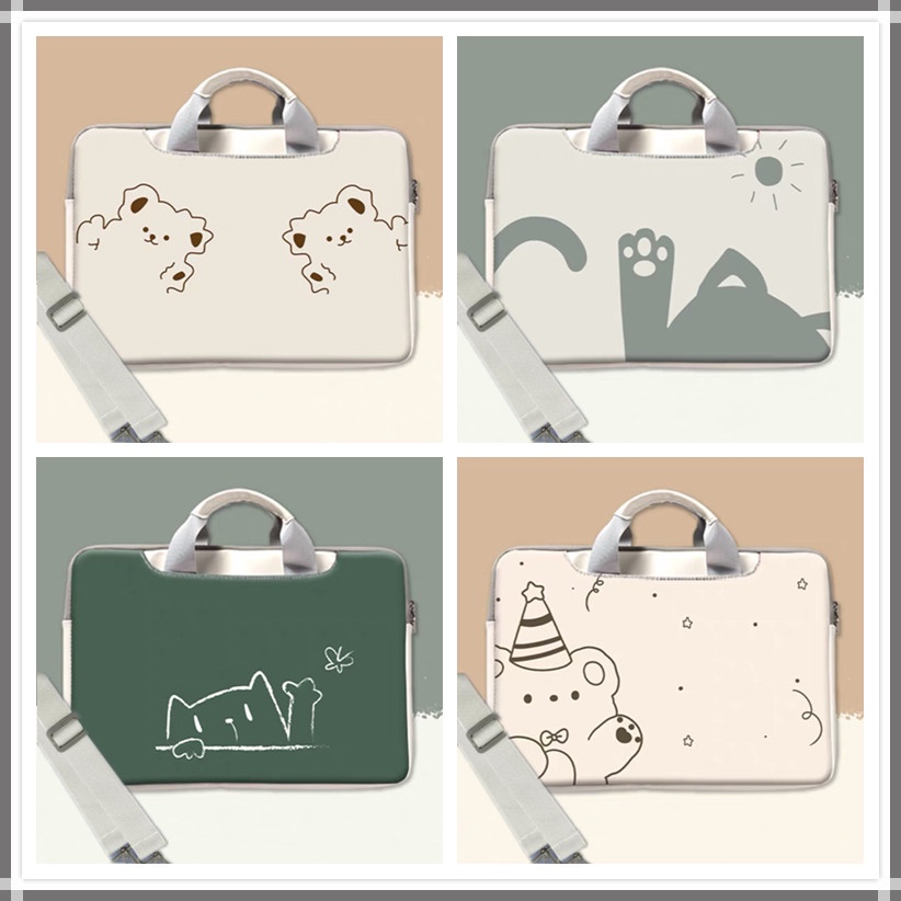 【With shoulder strap + tie rod strap】 Cartoon Bear Laptop Bags PU Computer Bag Waterproof Sleeve 12 13.3 Laptop Case 14 inch15 15.6inches