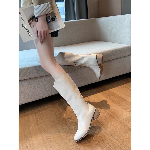 Giày Boot da mềm nữ cao cổ lót nỉ khóa sau cao cấp-boot mũi nhọn đế 4 phân, ống cao khoét 28-35.
