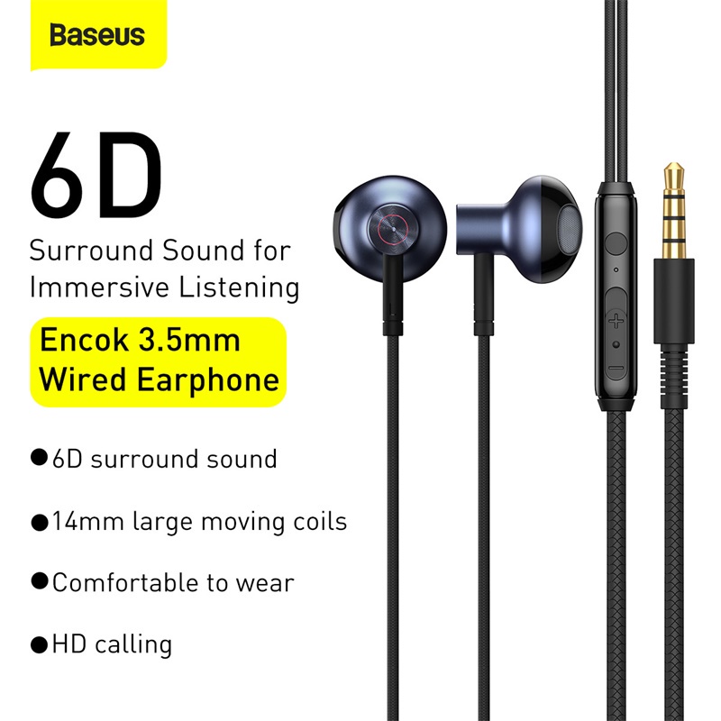 Tai Nghe Chính Hãng BASEUS có dây 6D Stereo H19 Bass Mạnh 3.5mm, Siêu Đẹp, Bền Có Micro, Nghe Nhac Cực Hay, Học Online