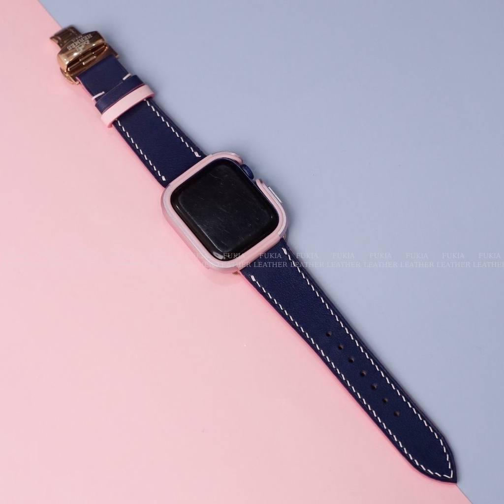 Dây da thủ công Swift Xanh Navy Mix Hồng dành cho Apple Watch, đồng hồ thông minh, đồng hồ cơ