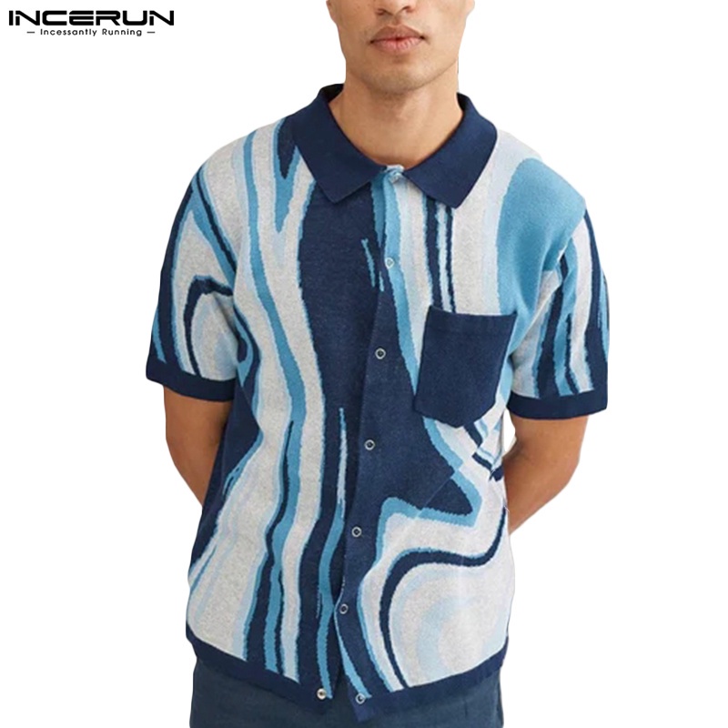 Áo sơ mi INCERUN ngắn tay cài nút in họa tiết bãi biển ngày lễ thời trang cho nam