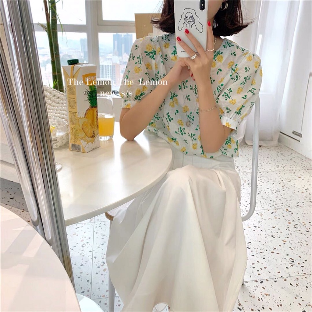 SUXI Áo kiểu tay ngắn cổ tròn dáng rộng in hoa thời trang mùa hè Hàn Quốc dành cho nữ