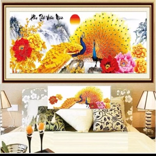 Tranh Thêu Chữ Thập-Đôi Chim Công Vàng- 95x43