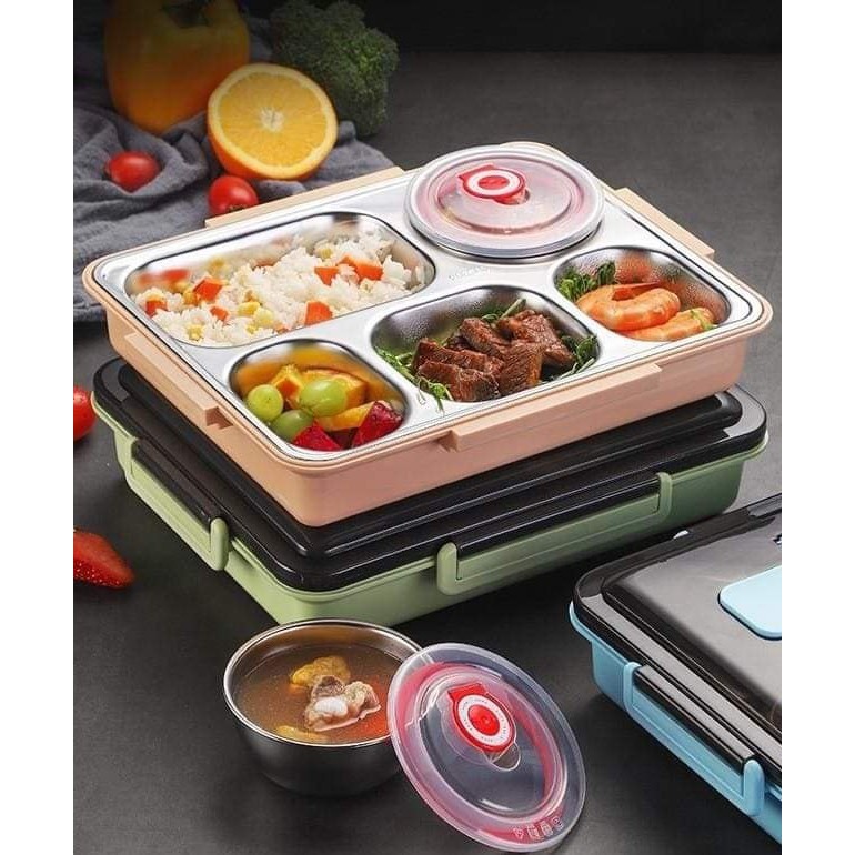 Khay Đựng Cơm, Hộp Đựng Cơm Inox LUNCH BOX Cao Cấp 5 Ngăn Đa Năng Tiện Lợi