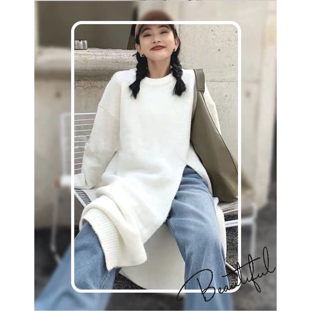 Áo Len Nữ Dài Tay Cổ Tròn Xẻ Tà Thời Trang Hàn