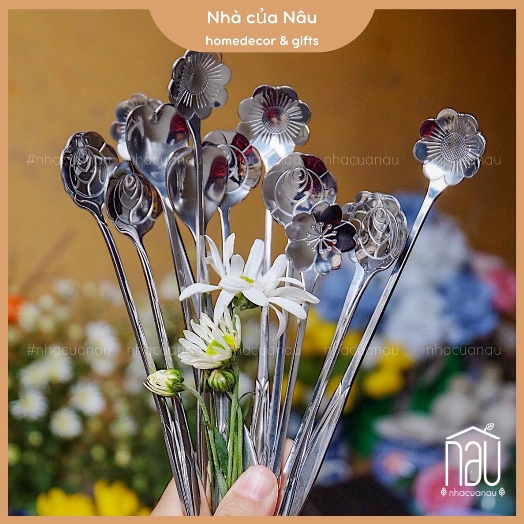 Thìa inox 304 không gỉ uống trà, uống cafe, pha nước hoa quả tạo hình hoa lá độc đáo dài 21cm