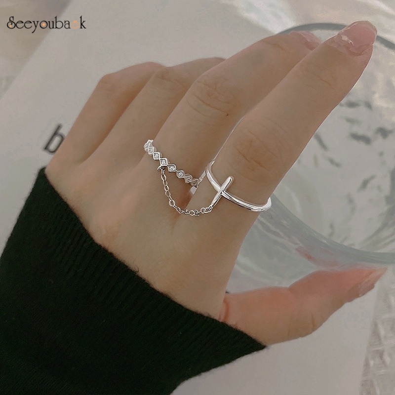 Nhẫn hở hai lớp mặt hình chữ thập phối dây xích đính đá thời trang dành cho bạn nữ