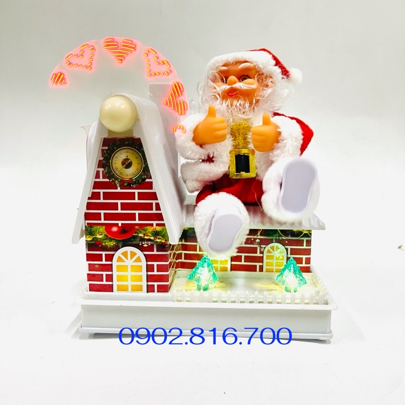 Đồ chơi ông già noel ngồi mái nhà xoay nhạc đèn quà tặng noel giáng sinh cho bé