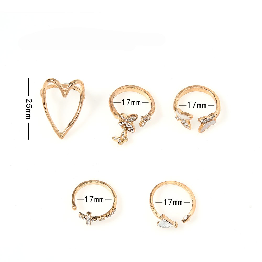 5 Pcs/set Sweet Butterfly Rings/Trend Fashion Cross Triangle Rings/Heart-Shaped Hollow Adjustable Open Ring Female Jewelry