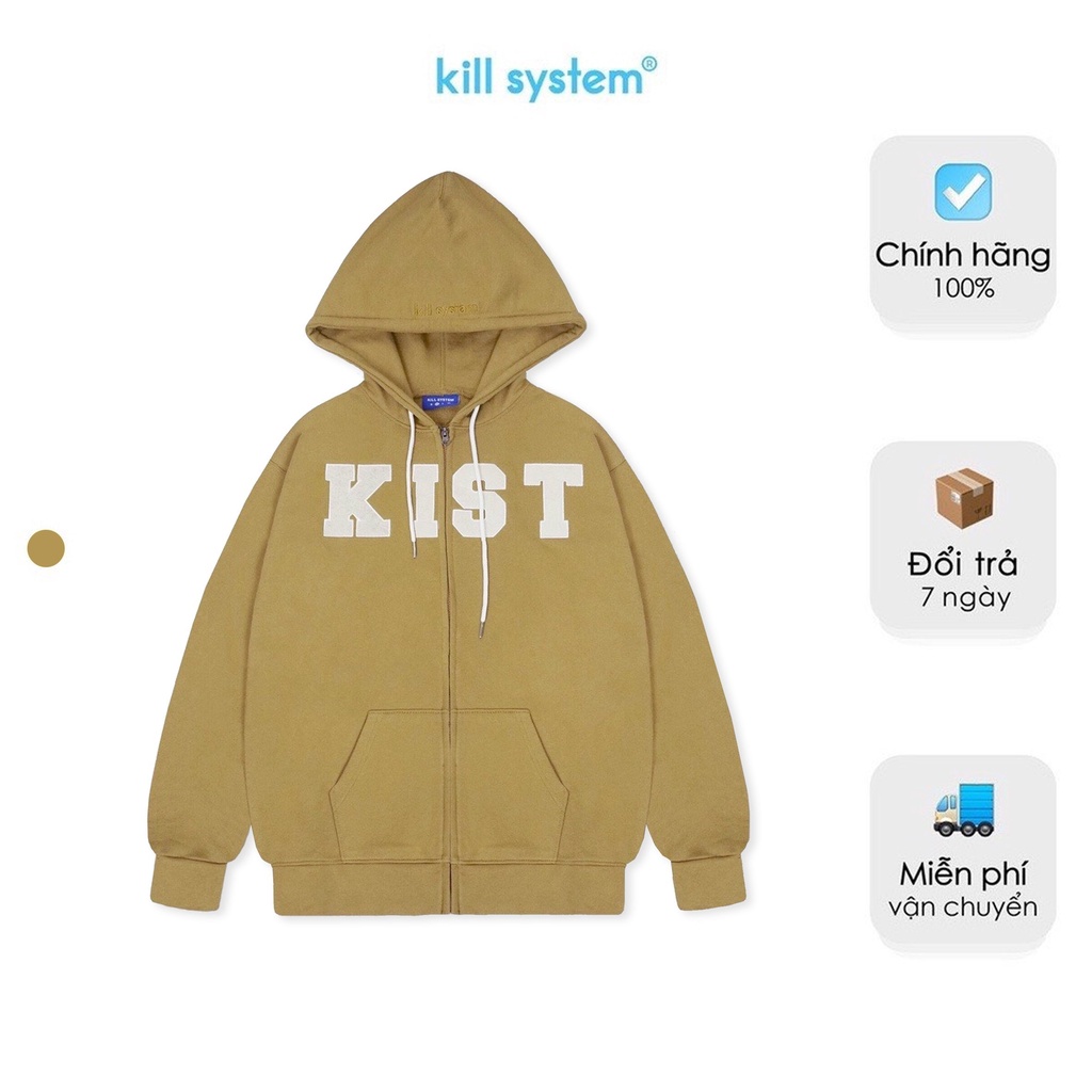 Áo khoác hoodie zip MUSEUM oversize có nón nam nữ, vải chân cua, màu nâu phong cách unisex KILL SYSTEM