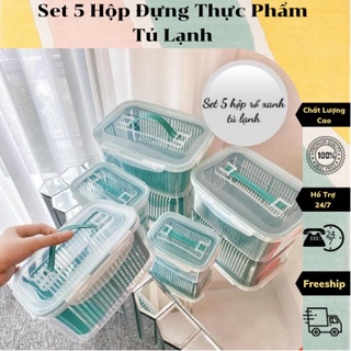 Set 5 hộp đựng thực phẩm bảo quản tủ lạnh đa năng có nắp đậy, thông minh, cao cấp - Bộ 5 hộp rổ đựng rau quả để tủ lạnh