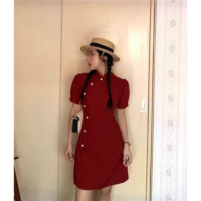 Đầm đỏ cổ tàu nút lệch | BigBuy360 - bigbuy360.vn