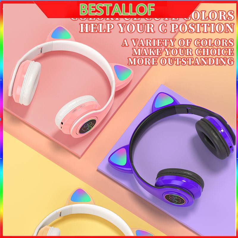 Tai Nghe Headphone Tai Mèo - Xinh Xắn - Có Đèn Led Siêu Cute Tai Nghe Mèo Bluetooth, Headphone Tai Mèo Dễ Thương Có Mic,Âm Bass Mạnh Mẽ Và Dung Lượng Pin Khủng 400mAh BH 12 Tháng BEST