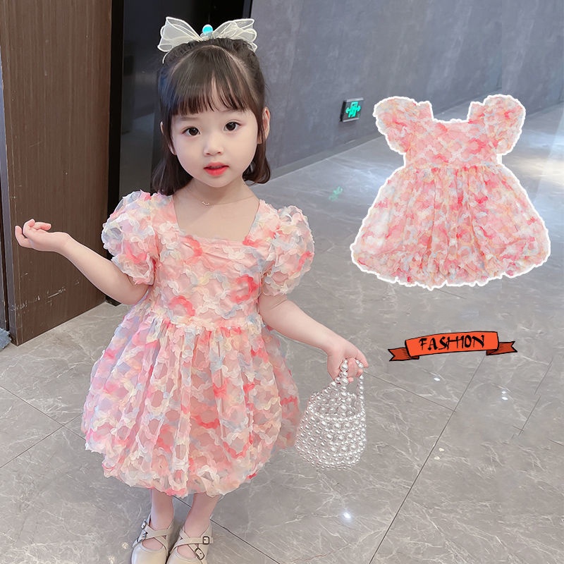 Đầm công chúa tay ngắn phối lưới dễ thương thiết kế thời trang phong cách Hàn Quốc cho bé gái