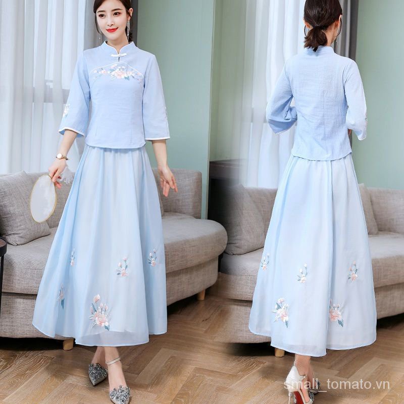 Single/Suit Summer New Women's Han Chinese Clothing Improved New Republic of China Style Vintage Plate Buttons Embroidered Cheongsam Suit