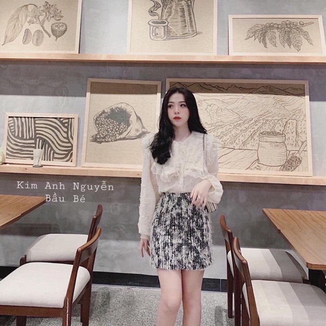 Set áo sơ mi + chân váy tua rua tiểu thư
