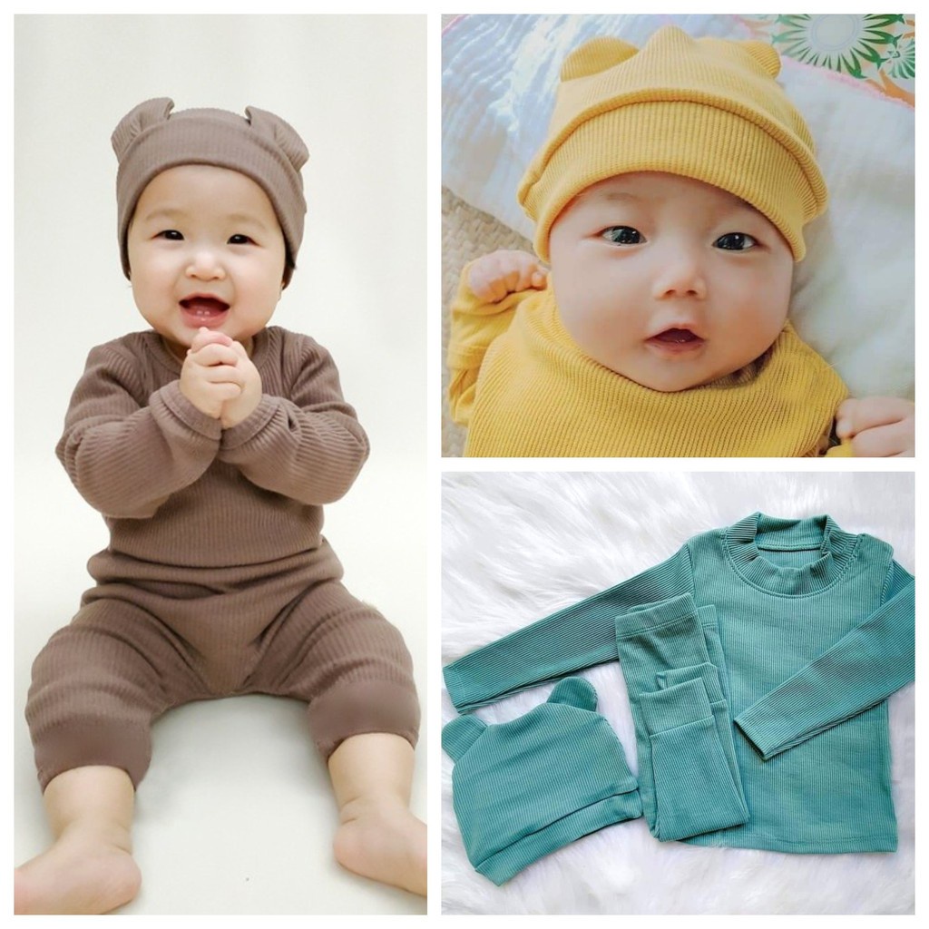 Đồ bộ quần áo dài tay trẻ em Tặng kèm Mũ - Bộ tăm dài tay cho bé sơ sinh tới 15kg AM807