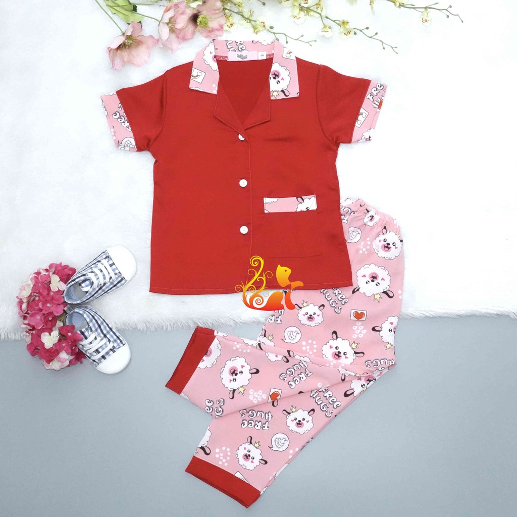 Đồ Bộ Pijama Satin &quot;Chó bông &quot; Áo Phối Trơn Quần Dài Cho Bé - Từ 12kg - 42kg.