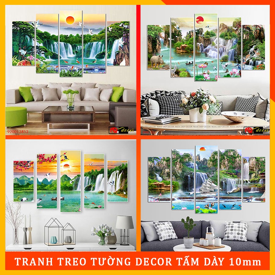 Bộ 5 tấm tranh dán tường phong thủy - Tranh dán tường phòng khách, kèm băng dính xốp