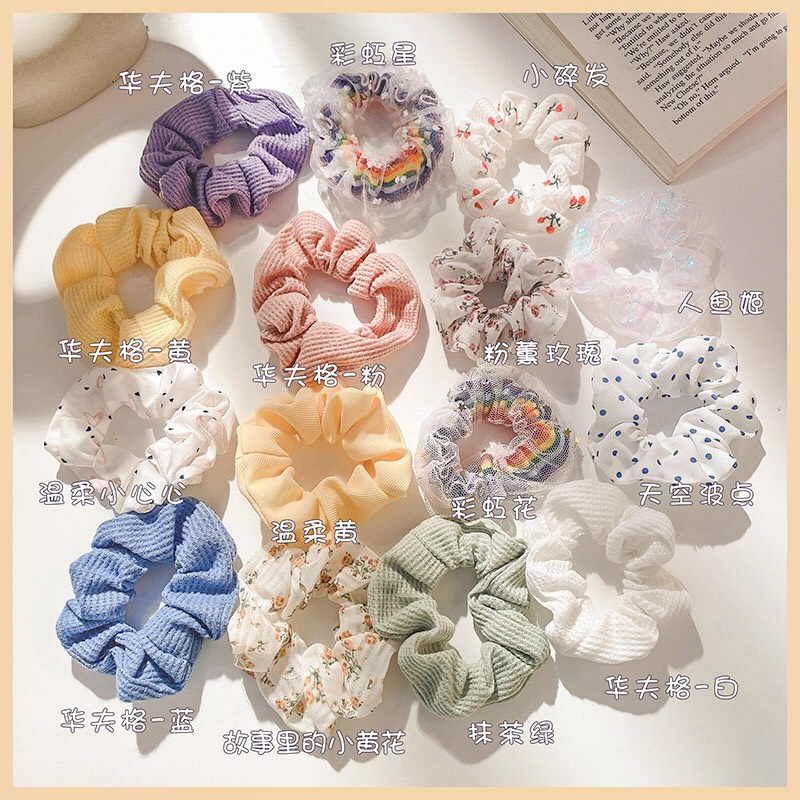 Dây buộc tóc, cột tóc vải scrunchies voan ánh nhũ siêu đẹp phong cách Hàn Quốc cho nữ