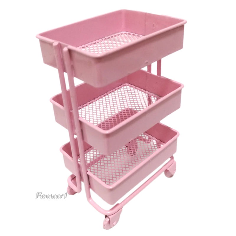 [Fenteer1] Kệ Để Đồ 3 Tầng Mini 1 / 12 Có Bánh Xe Màu Hồng Trang Trí Phòng Búp Bê