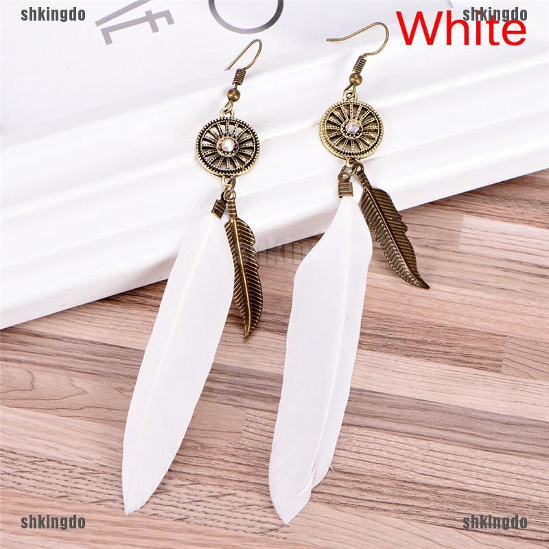 Cặp khuyên tai kiểu chấu móc mặt hình lông vũ tua rua cho nữ