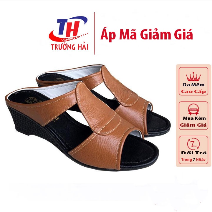 Dép Nữ Quai Ngang Đế xuồng 5cm da bò thật Màu vàng Trường Hải QNN743 CÓ SIZE LỚN