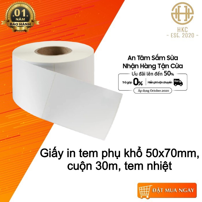 Giấy In Tem 50x70 mm Nhãn Mã Vạch Nhiệt 5x7 cm (Tem Đứng) (Cuộn 30m)