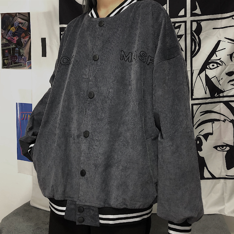 Áo khoác bóng chày vải nhung kẻ thêu chữ phong cách Harajuku cá tính cho nam và nữ