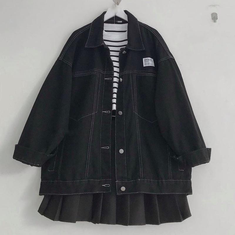 Áo khoác Jeans CHỈ NỔI CHAMPION form rộng màu ĐEN 🏁 Nam nữ unisex 🖤 Áo khoác bò denim form rộng style Ulzzang