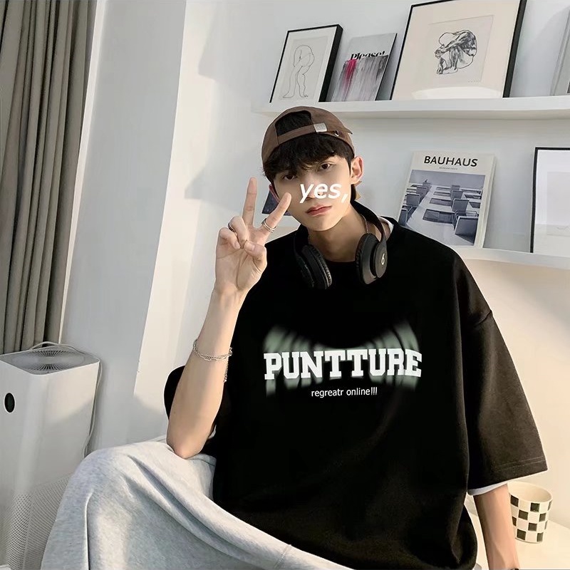 Áo Thun Dáng Rộng Cổ Tròn In Chữ Thời Trang Mùa Hè Phong Cách Hàn Quốc Cho Nam Giới Size M-5XL