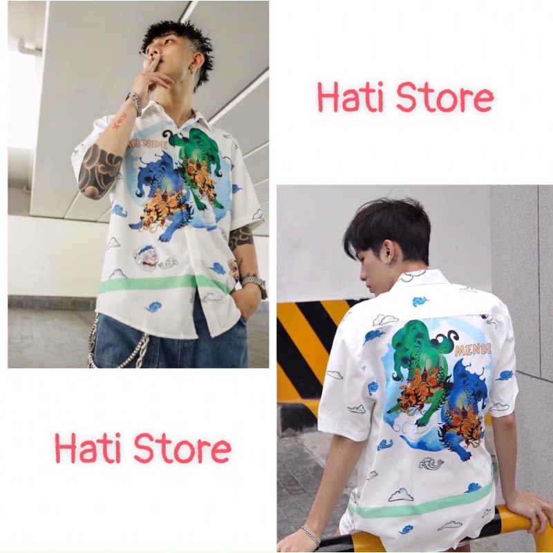 🔱 Áo sơ mi trắng unisex in hình rồng form oversize 🌵
