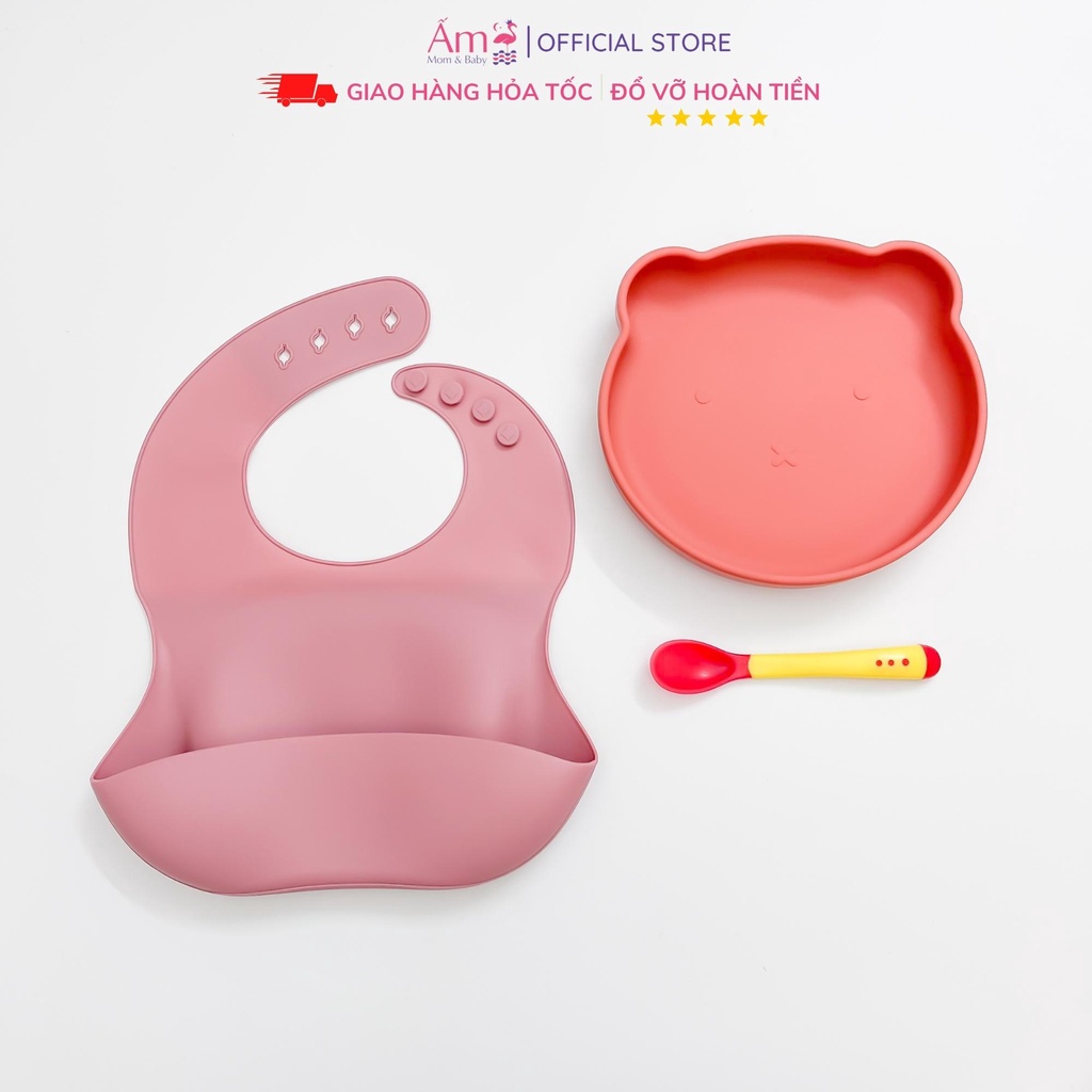 Bộ Ăn Dặm BLW Tiện Lợi Cho Bé Yếm Khay Silicon Ấm Baby An Toàn Tuyệt Đối Ấm Gift Decor