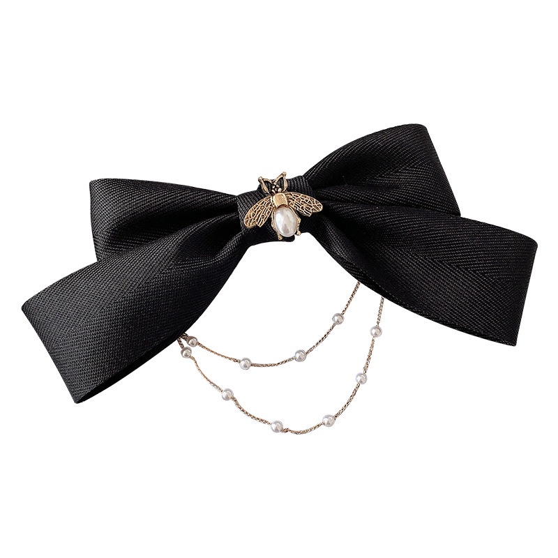 Kẹp tóc ruy băng màu đen thắt nơ phối tua rua thời trang dành cho nữ