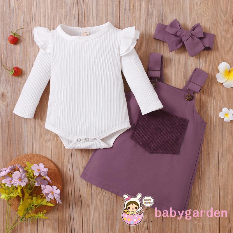 Bộ áo cổ tròn tay dài kiểu nhún bèo có nút gài phía dưới + váy yếm có túi phía trước + băng đô dành cho bé gái