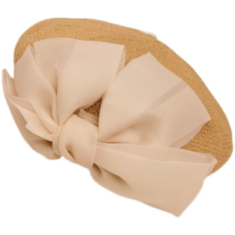 Mũ Beret Phối Lưới Thoáng Khí Đính Nơ Phong Cách Vintage Pháp Thời Trang Mùa Hè Cho Nữ