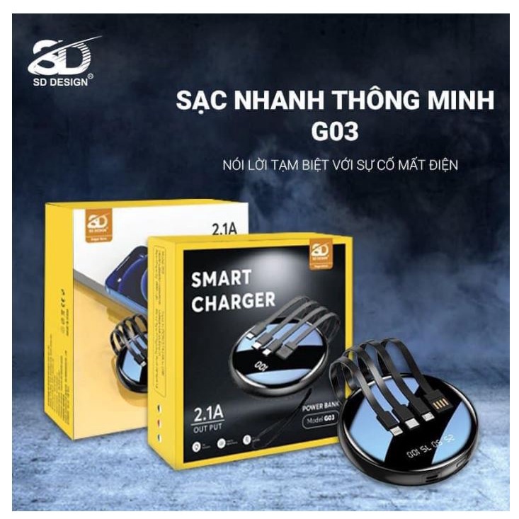 Sạc Dự Phòng Mini SD Design G03 10000m Cho iPhone/Samsung/Xiaomi/Oppo/Huawei Tích Hợp 4 Cáp Sạc+Màn Led