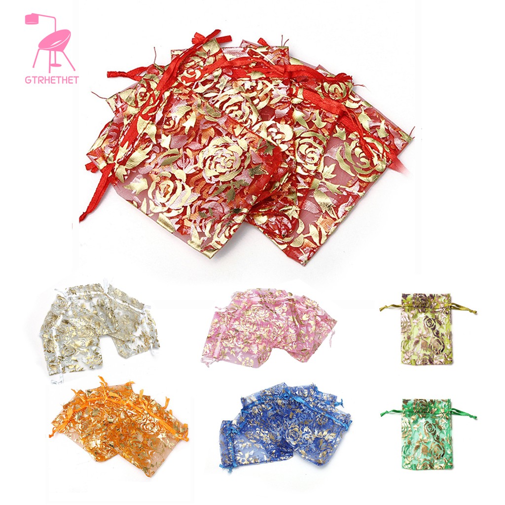 Bộ 100 cái túi rút nhỏ 7x9cm in họa tiết hoa hồng