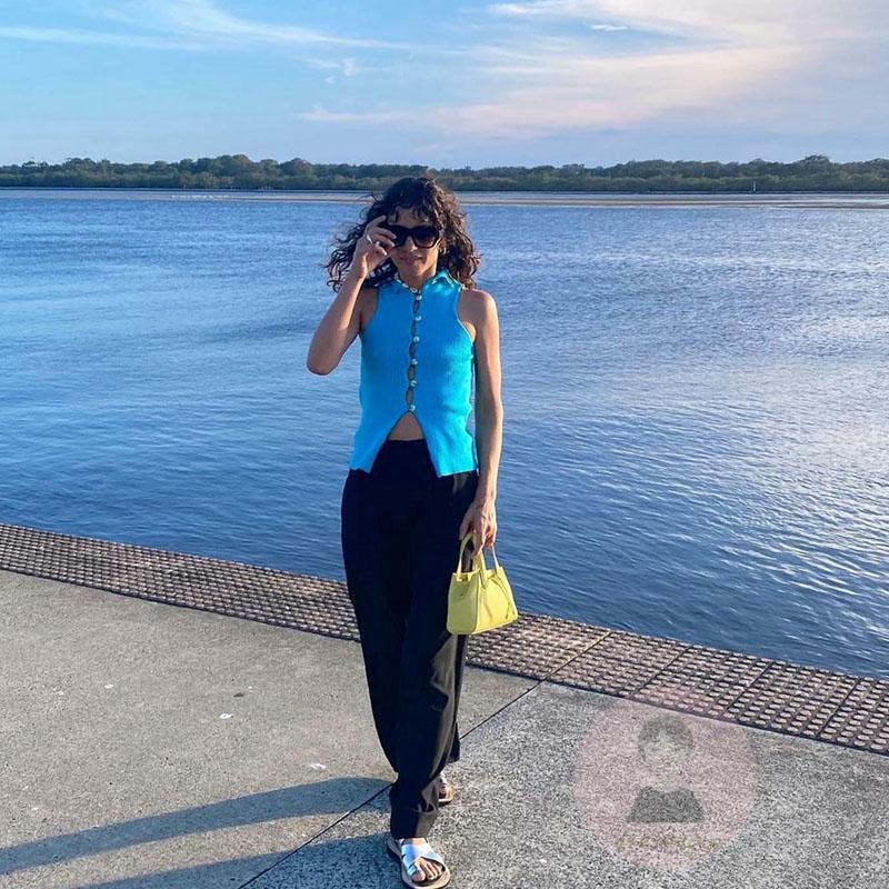 Dre-áo Dệt Kim Cổ Cao Khoét Lỗ Màu Trơn/Xanh Dương/Nâu Cho Nữ