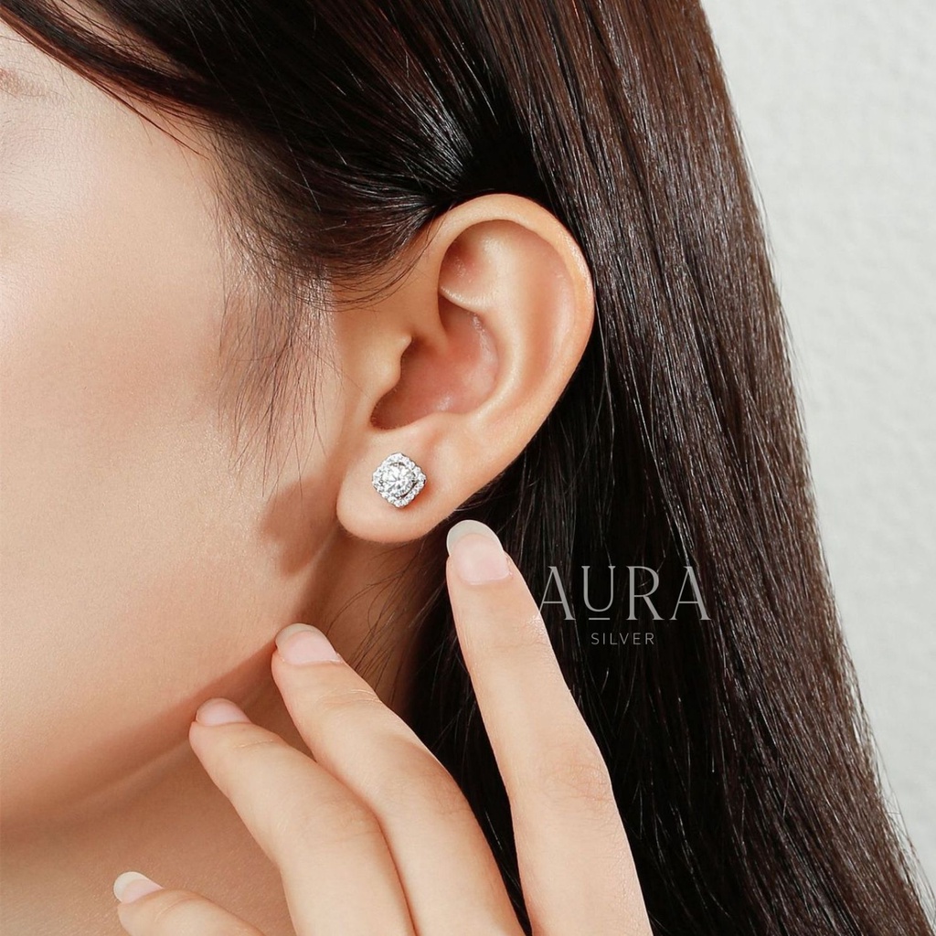 Khuyên tai bạc 925 bông tai nữ hình vuông đính đá lấp lánh-KT18