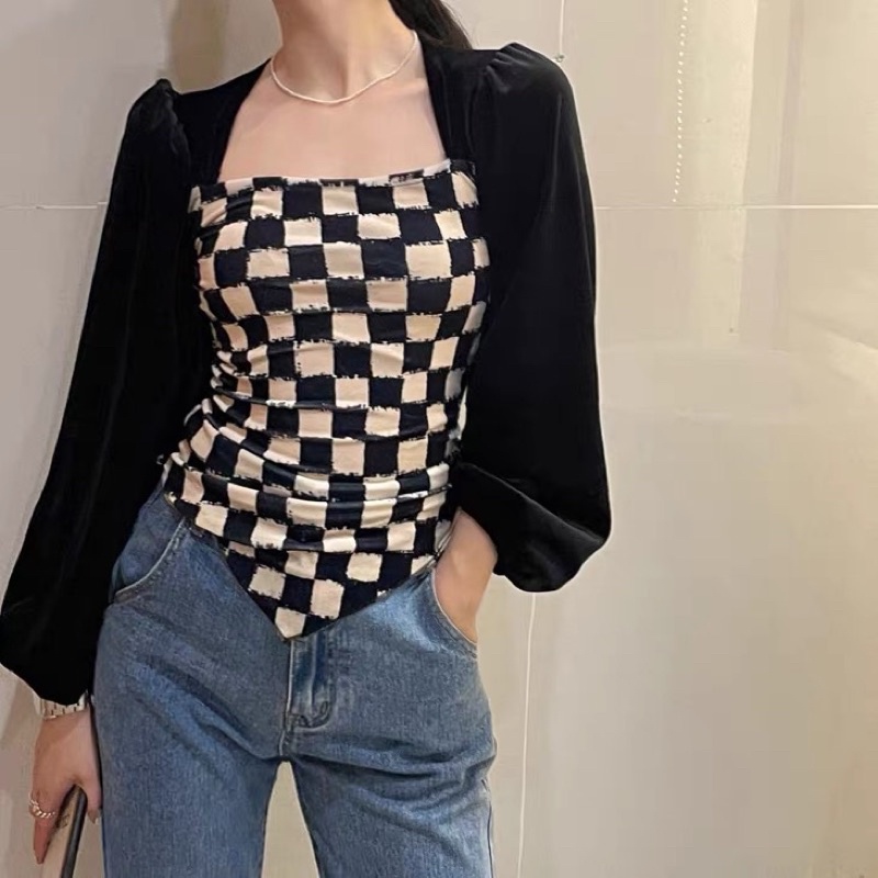 [HÀNG SẴN] Áo cổ vuông tay phồng vải nhung hoạ tiết caro bàn cờ vạt nhọn sang chảnh | BigBuy360 - bigbuy360.vn