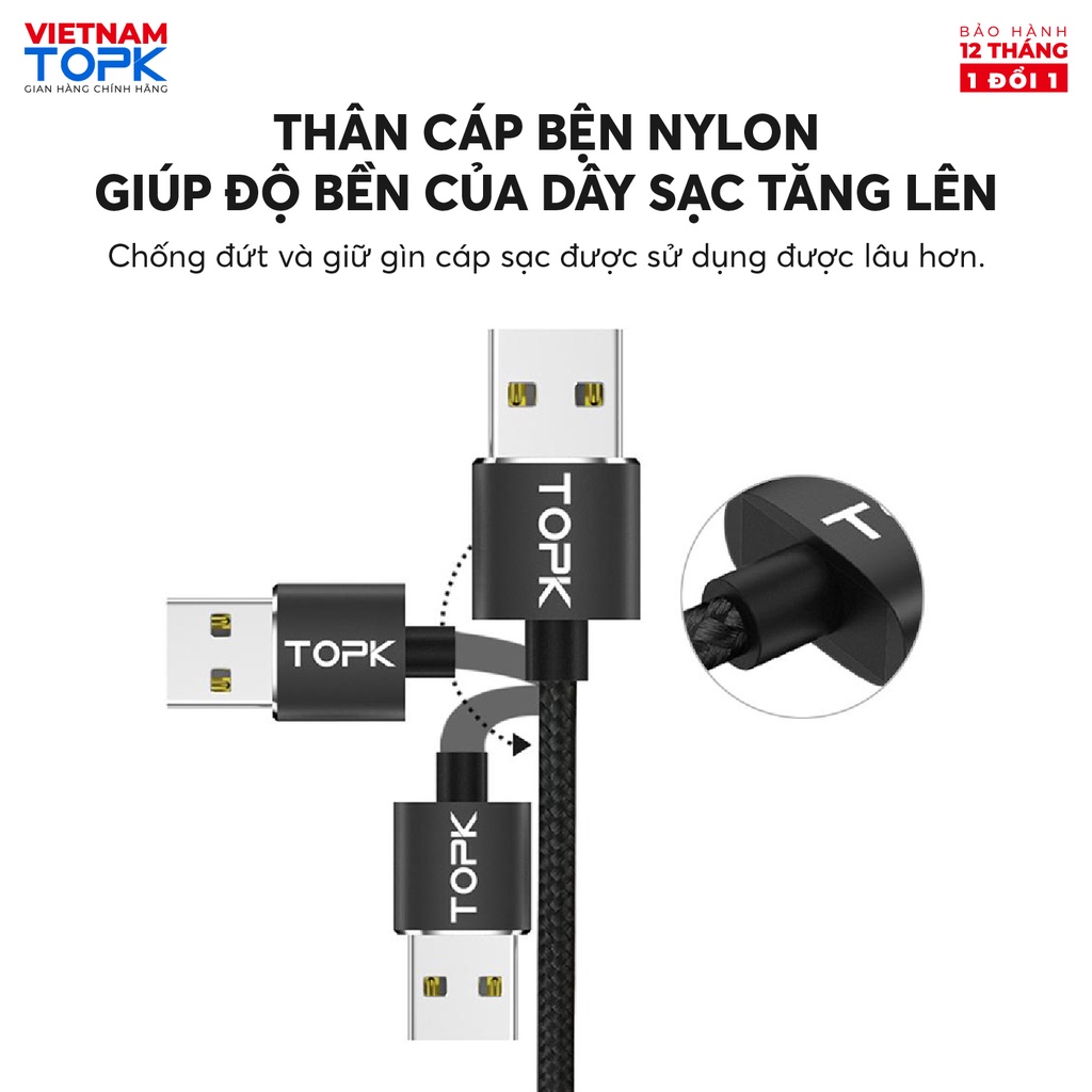Dây sạc nam châm đầu nối vuông góc TOPK AM30 Đèn LED Hàng chính hãng Bảo hành 12 tháng