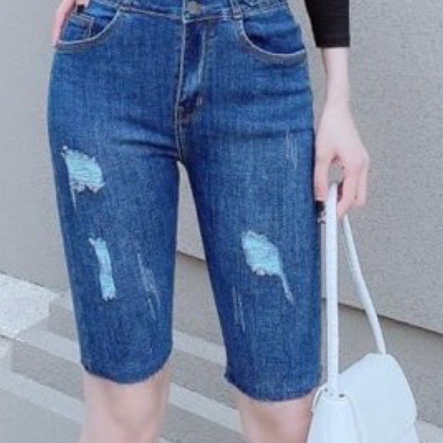 Quần Ngố Jeans Lưng Cao Qua Rốn - Quần Lửng Co Giãn Phối Lưng Cao Rách Thời Trang