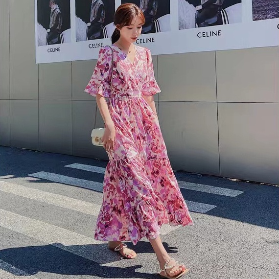 Đầm Hoa Cổ Chữ V Thời Trang Mùa Hè Hàn Quốc Dành Cho Nữ