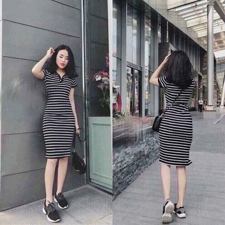 Váy body, đầm body kẻ sọc cổ bẻ