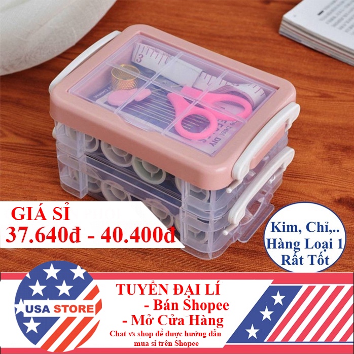 Bộ Hộp Kim Chỉ May Vá Đa Năng Gia Đình NHIỀU TẦNG T3 - Kim Khâu, Chỉ, Kéo, Thước Dây, Đủ Size Màu Mini