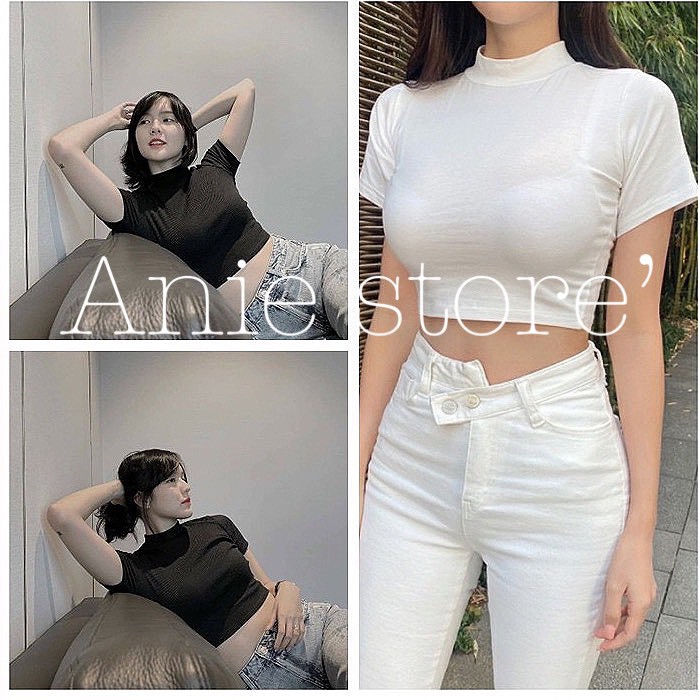 Áo Croptop Nữ Cổ 3 Phân 🦋FREESHIP🦋 Áo Ngắn Trơn Nữ Cộc Tay 2 Màu