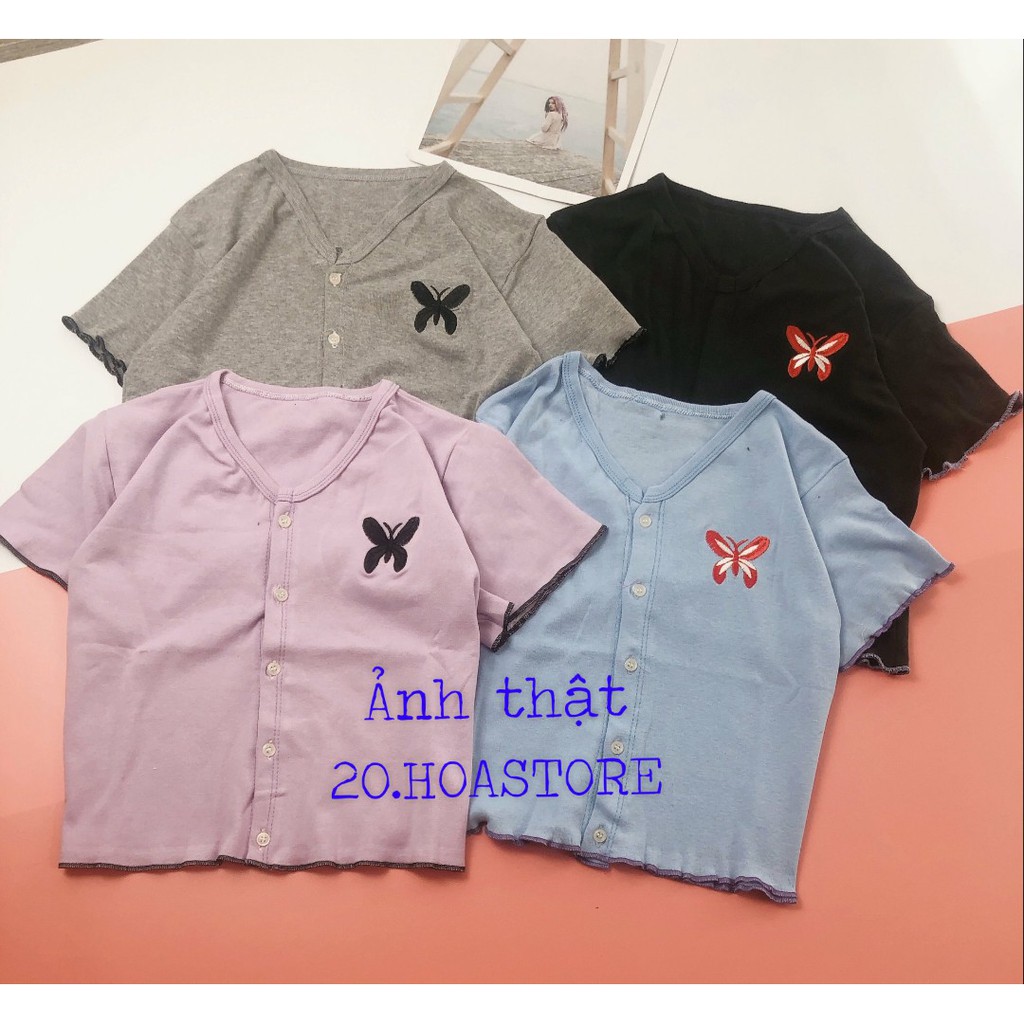 (hàng QC) ÁO CROPTOP CÀI CÚC BUTTERFLY NHÚN BÈO XANH XÁM ĐEN TÍM - ÁO PHÔNG KIỂU CÚC THÊU BƯỚM NHIỀU MÀU ULZZANG