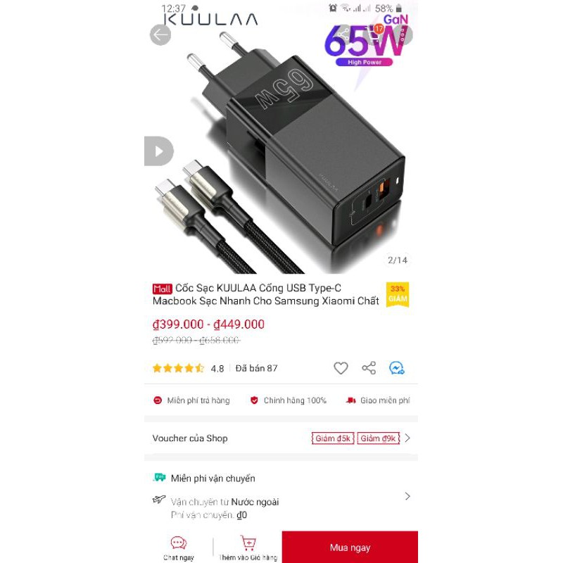 cốc sạc nhanh kuulaa 65W+ cáp PD sạc nhanh