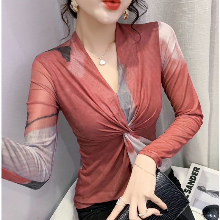 Áo Thun Tay Dài Cổ Chữ V Phối Lưới Nhuộm Màu Phong Cách Phương Tây Thời Trang Mùa Xuân Cho Nữ s 2022